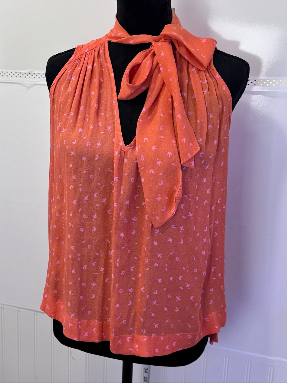 Free People XS Orange Pink Tie Neck Hi Low Sleeveless Boho Blouse Top